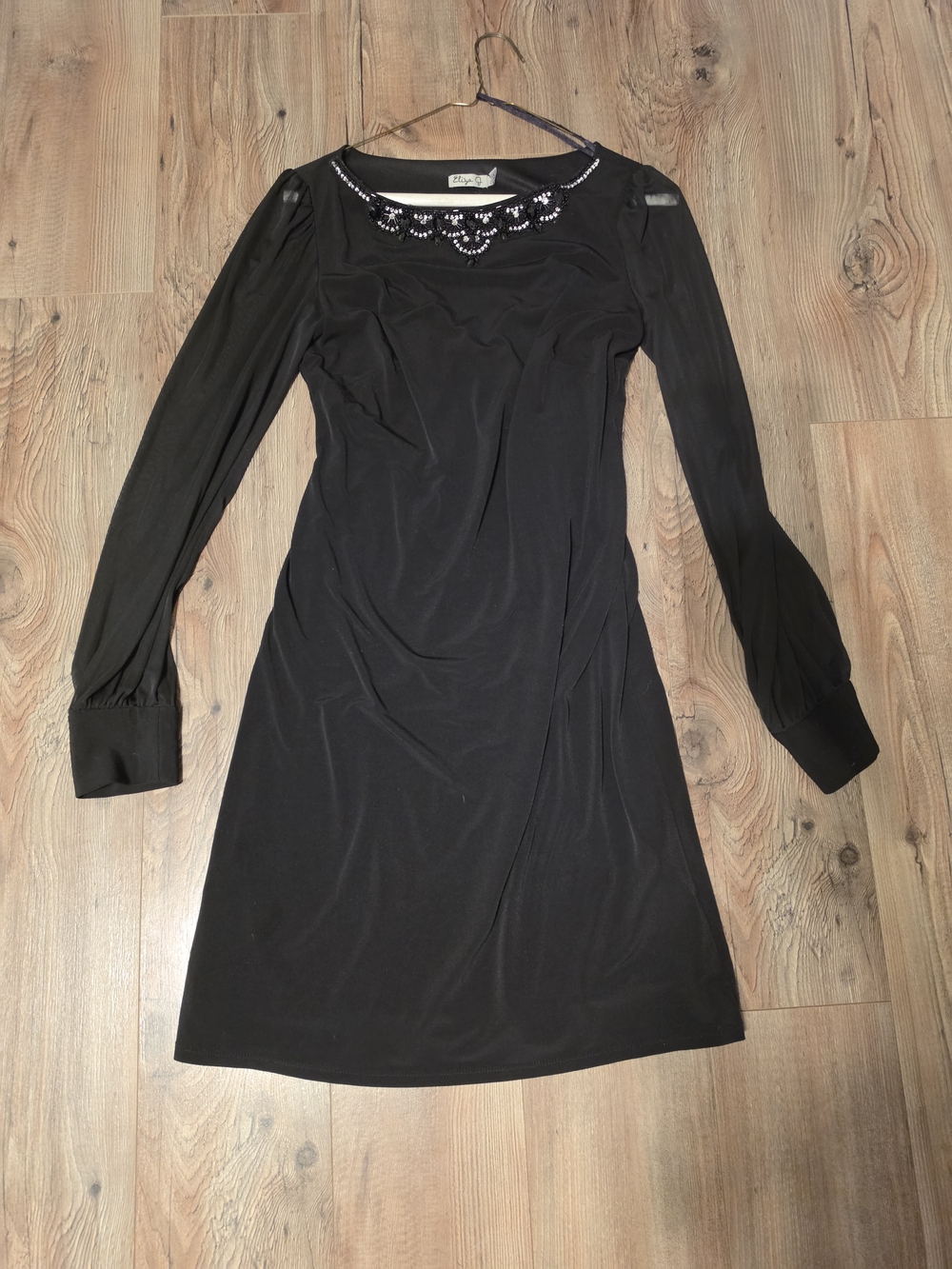 Eliza J Black SheeLong-Sleeve Embellished Neckline Dress Cocktail Or Corporate